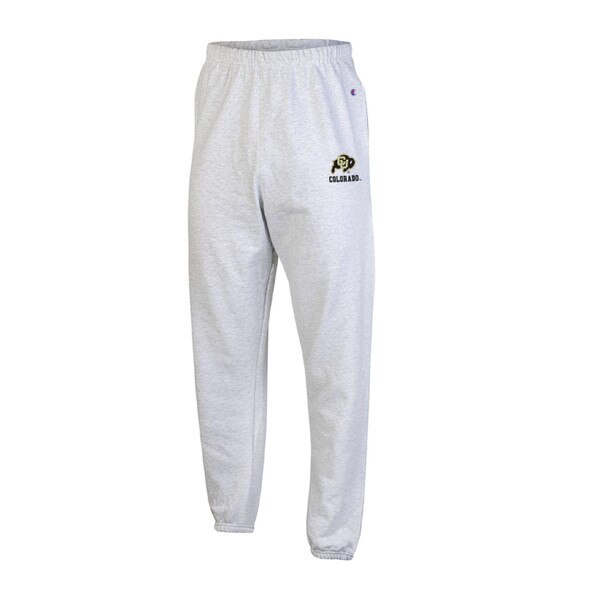 Light gray Champion sweatpants with CU Buffaloes logo and black “Colorado” text on left leg.
